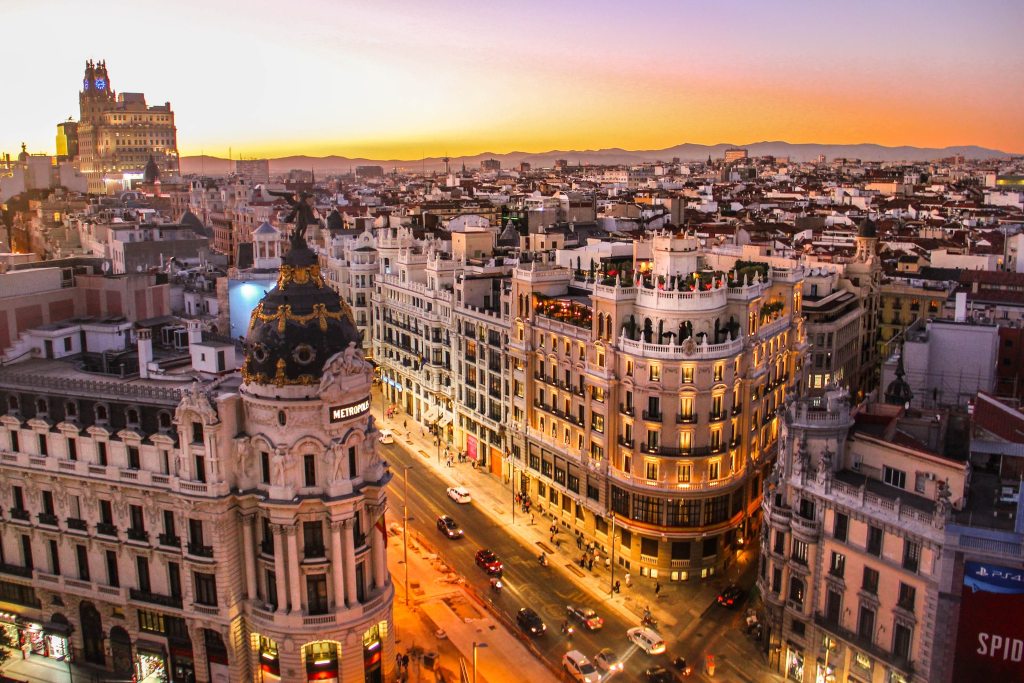Aerial view of Madrid, Spain at sunset