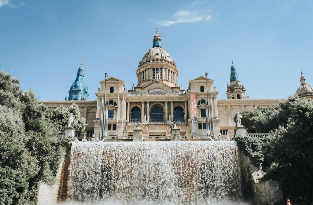 Barcelona monument with small waterfall