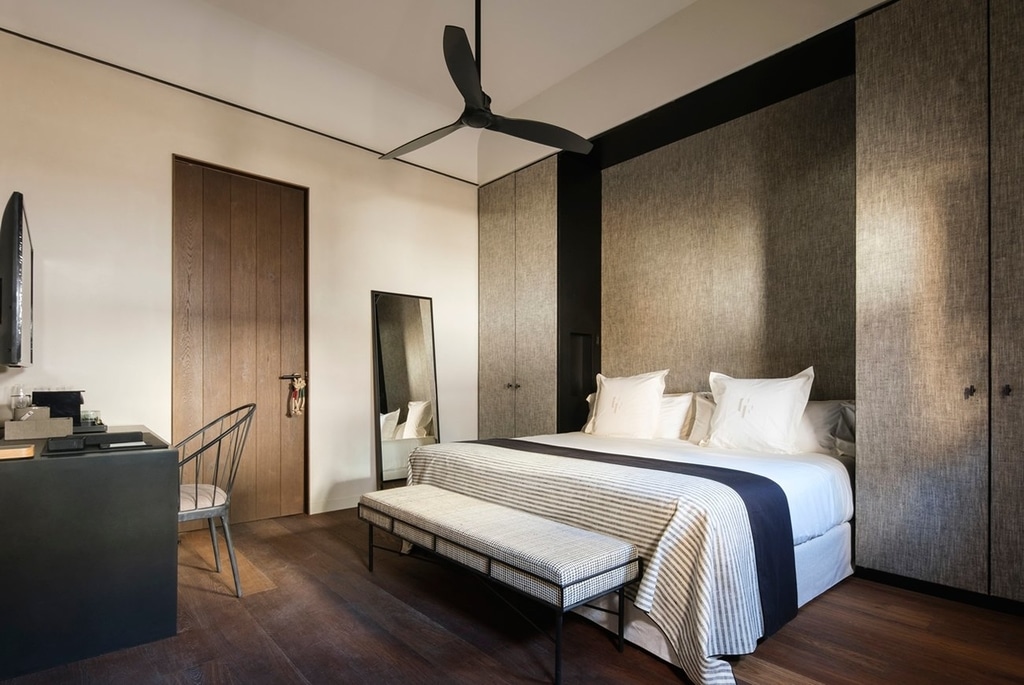 White, blue and gray room in the Can Ferrereta hotel in Mallorca, Spain