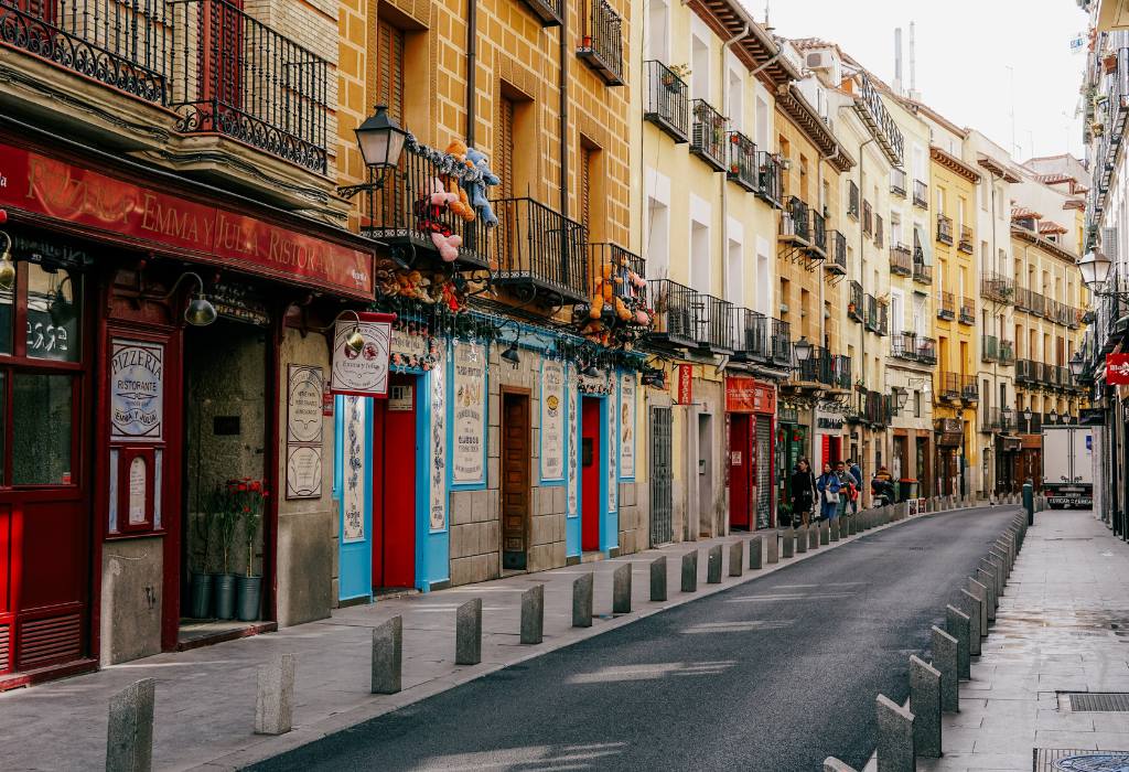 Colorful buildings in Madrid neighborhood.