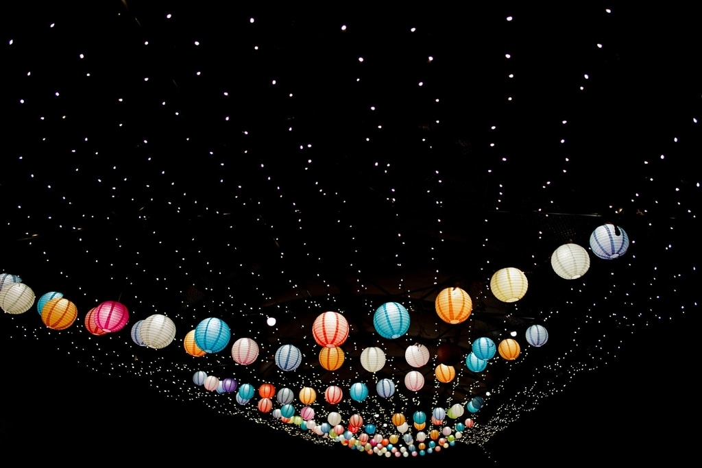 Colourful Japanese lanterns in the sky