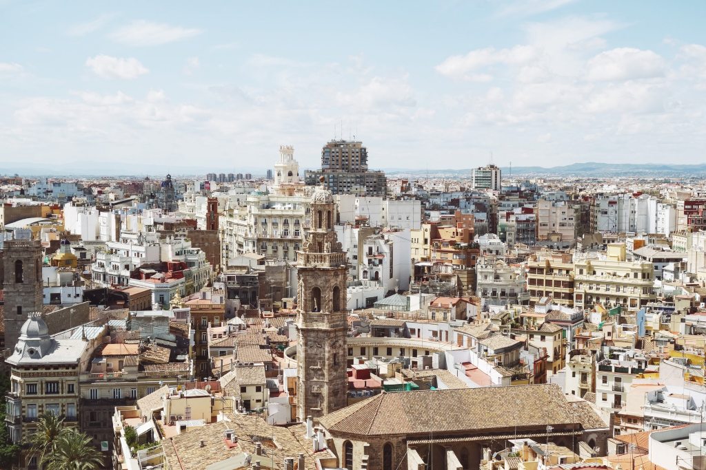 Grey tower and buildings in Valencia, Spain