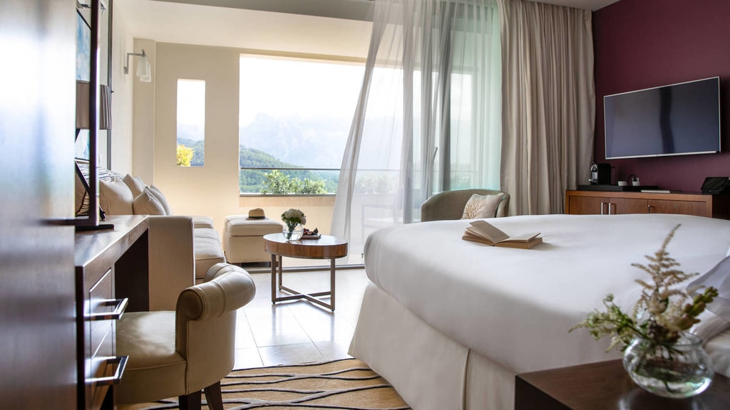 Inside of white and purple room in Jumeirah Hotel and Spa in Mallorca, Spain