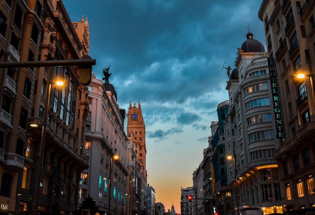 Street lit up at dusk.