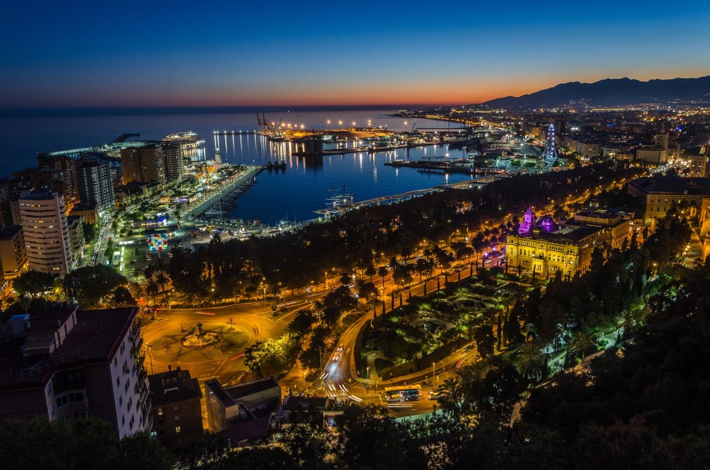 Aerial view of Malaga, Spain at night