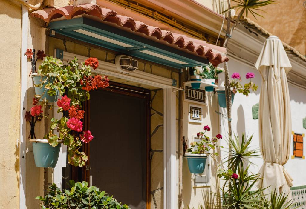 Doorway with tiles and pink flowers.