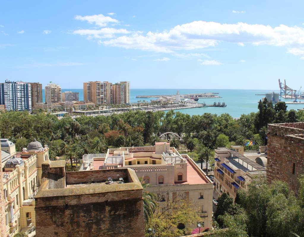 View of Malaga sea and buildings