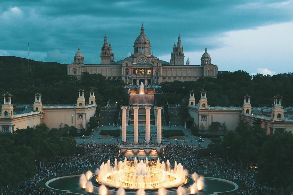 Montjuic Park, Barcelona in the evening with a fountain display