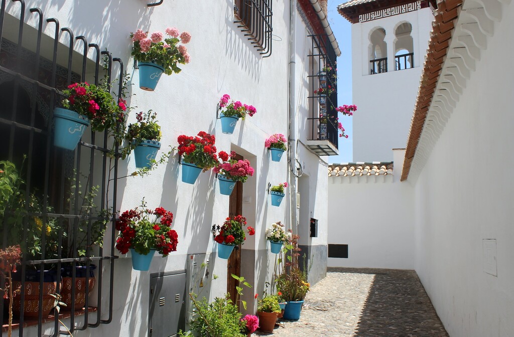 flower-filled alley in albaicin