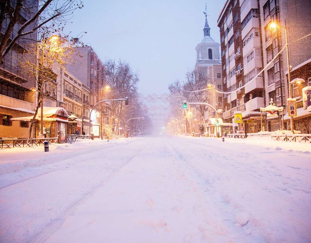 Snow-covered road in Madrid