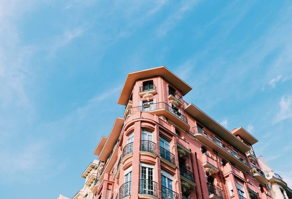 Pink building with blue sky.