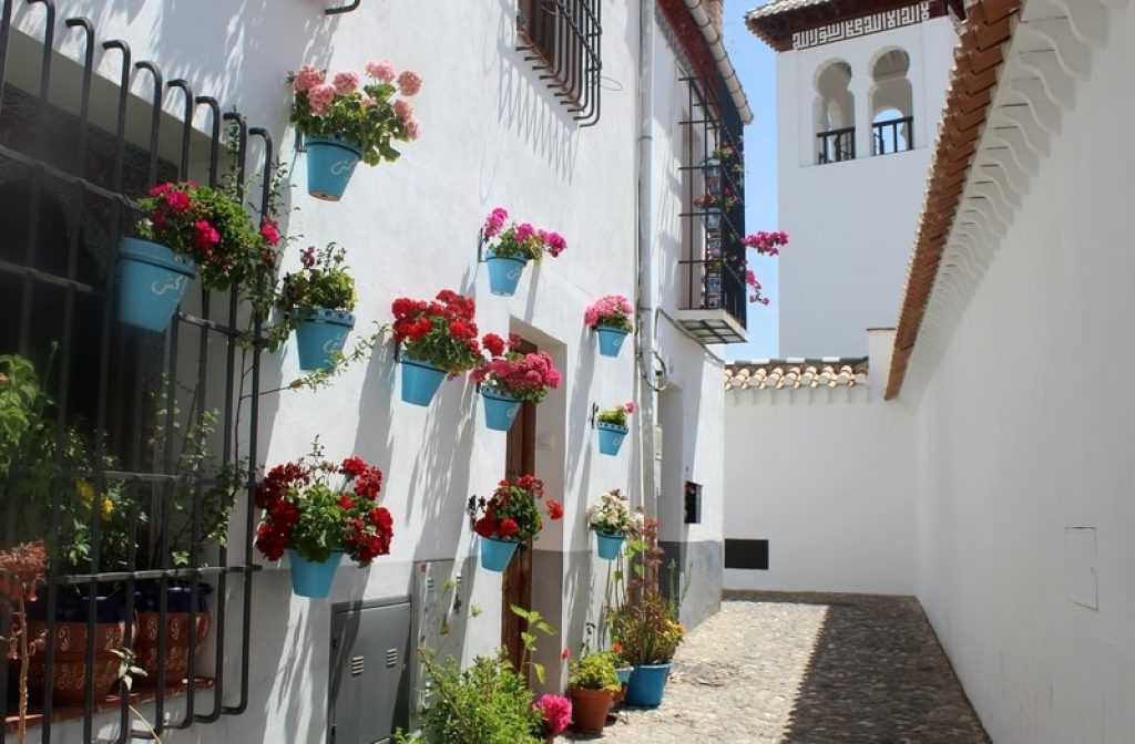 white spanish buildings with colourful flowers