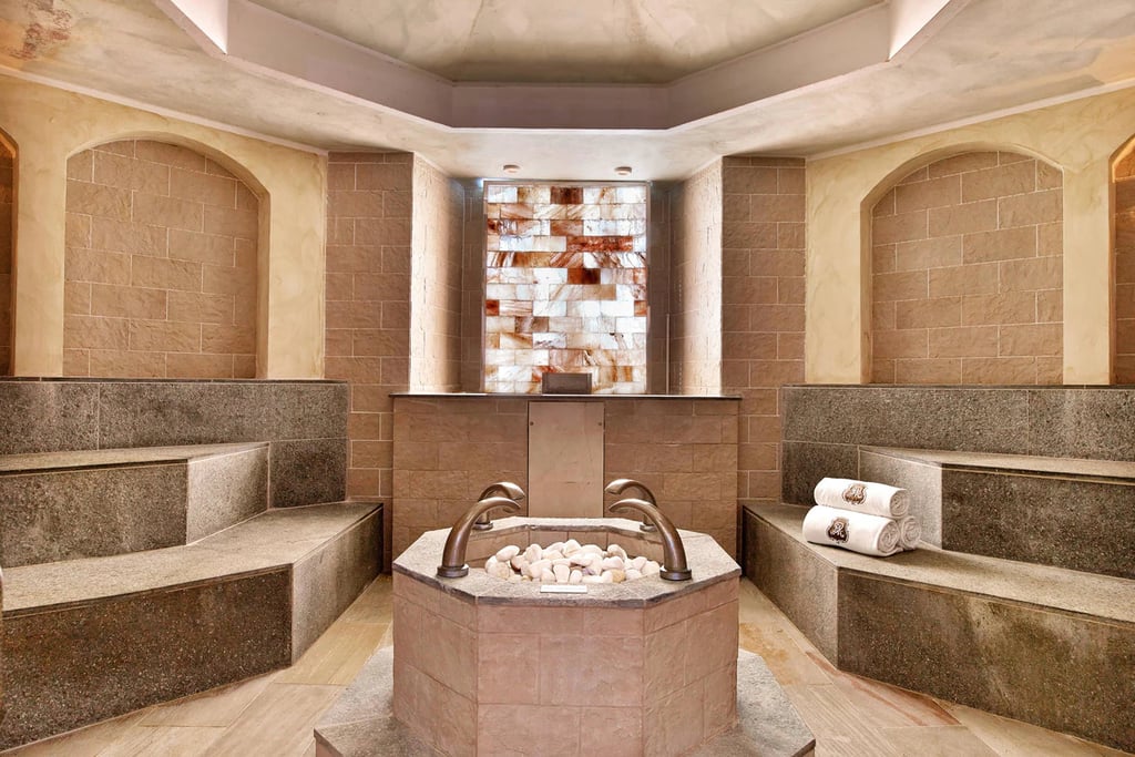 Inside of the sauna decorated with marble in St Regis Mardavall Hotel in Mallorca, Spain