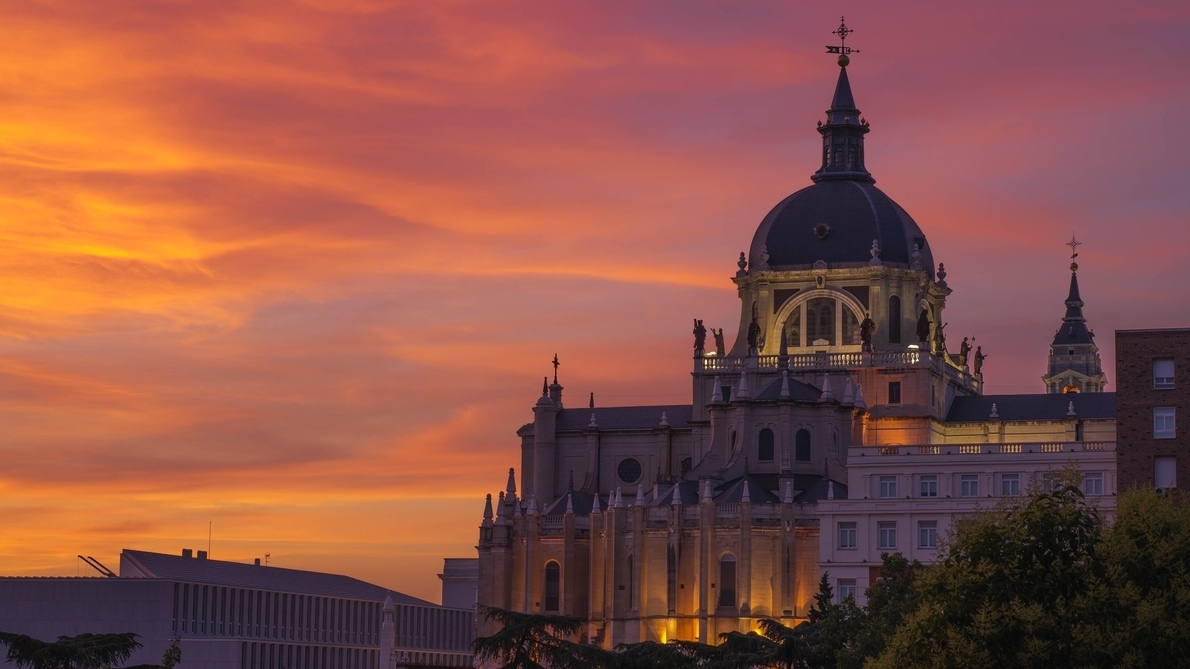 grand Spanish palace at sunset