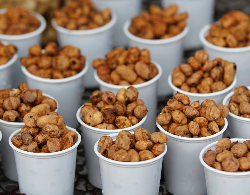 Containers of Chufa nuts freshly harvested in Valencia