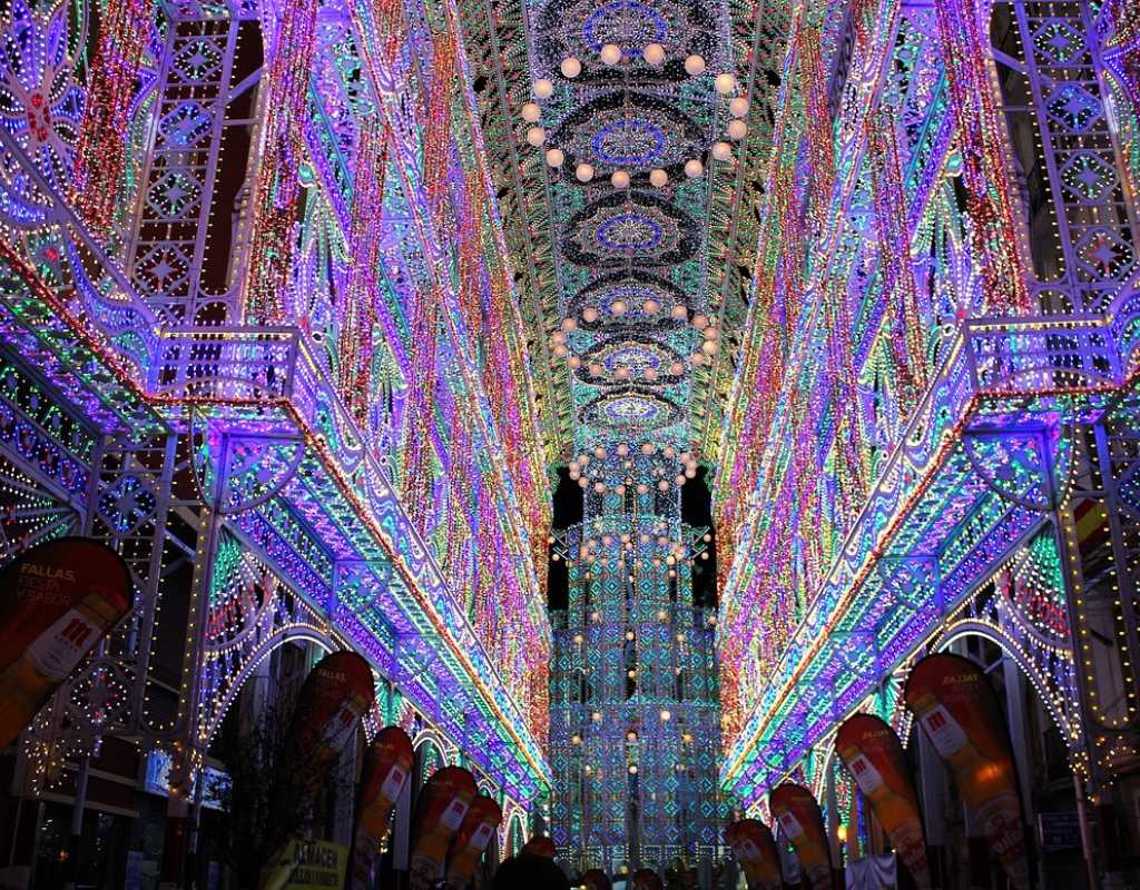 Colorful and bright decorations hung during festive season in Valencia