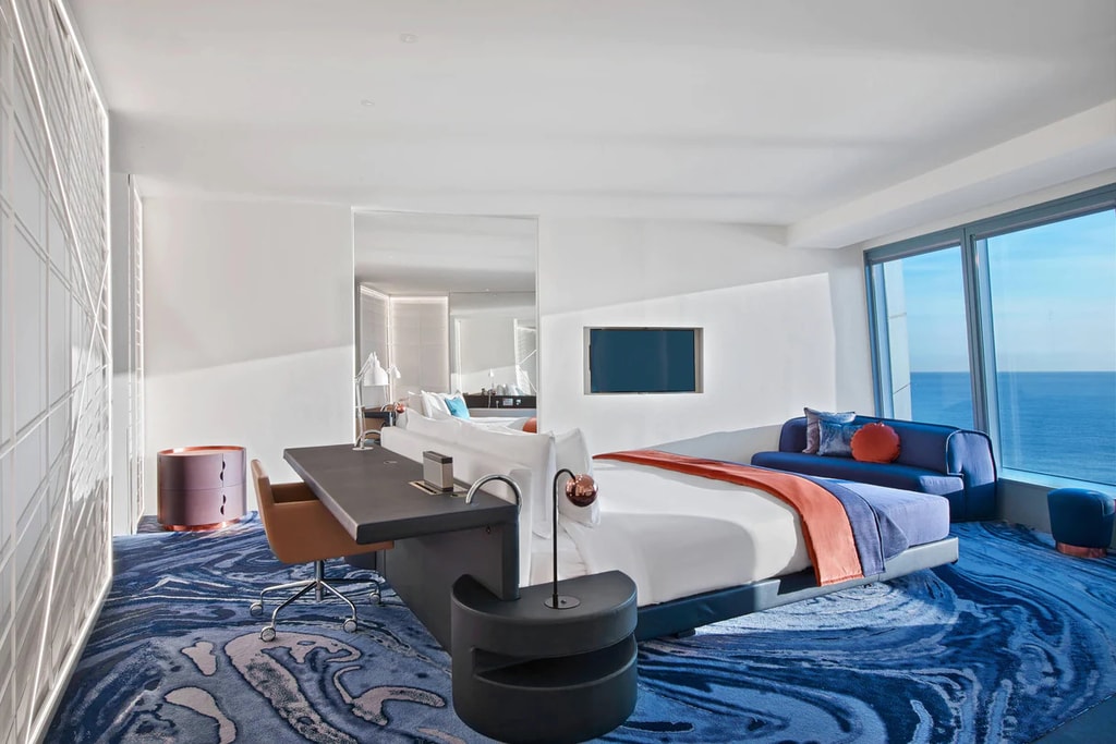 W Barcelona hotel room with blue accents