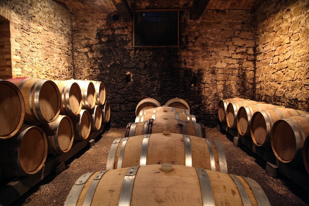 Wine barrels in an underground cellar